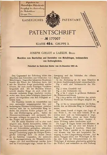 Original Patentschrift - J. Girlot in Laeken , 1903 , Maschine für Kettenglieder , Kette , Ketten !!!