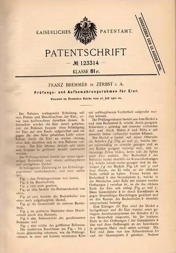 Original Patentschrift - F. Brehmer in Zerbst i.A., 1900 , Eier - Prüfungs- und Aufbewahrungsapparat , Ei , Huhn !!!