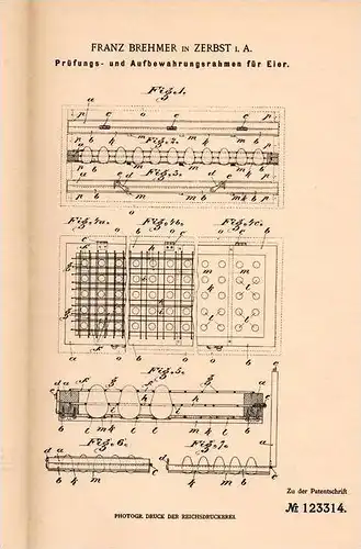 Original Patentschrift - F. Brehmer in Zerbst i.A., 1900 , Eier - Prüfungs- und Aufbewahrungsapparat , Ei , Huhn !!!