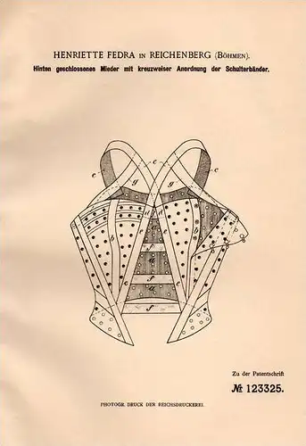 Original Patentschrift - H. Fedra in Reichenberg , Böhmen , 1900 , Mieder mit kreuzweisen Schulterbändern , BH !!!