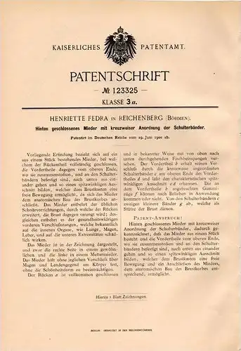 Original Patentschrift - H. Fedra in Reichenberg , Böhmen , 1900 , Mieder mit kreuzweisen Schulterbändern , BH !!!