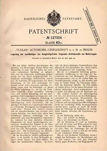 Original Patentschrift -  " Vulkan " Automobil GmbH in Berlin ,1900,Antriebswelle für Getriebe , Mototwagen , Automobile