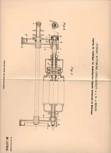 Original Patentschrift -  " Vulkan " Automobil GmbH in Berlin ,1900,Antriebswelle für Getriebe , Mototwagen , Automobile