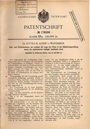 Original Patentschrift - Dr. Lüttke & Arndt in Wandsbeck , 1905 , Roll- und Plattenkamera , Kamera , Photographie !!!