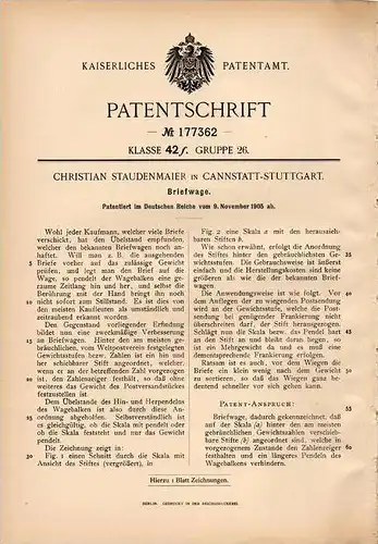 Original Patentschrift - C. Staudenmaier in Cannstadt - Stuttgart , 1905 , Briefwaage , Waage !!!