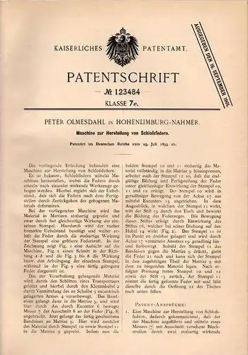 Original Patentschrift - P. Olmesdahl in Hohenlimburg - Nahmer , 1899 , Maschine für Schloßfedern , Schlösser !!!