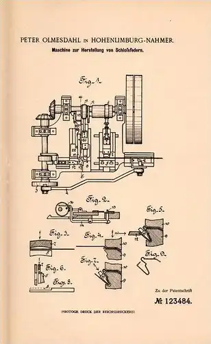 Original Patentschrift - P. Olmesdahl in Hohenlimburg - Nahmer , 1899 , Maschine für Schloßfedern , Schlösser !!!