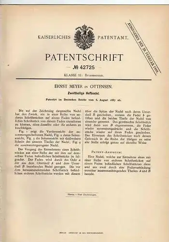 Original Patentschrift - E. Meyer in Ottensen , 1887 , Heftnadel , Buchbinderei , Hamburg !!!