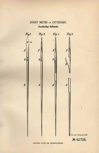 Original Patentschrift - E. Meyer in Ottensen , 1887 , Heftnadel , Buchbinderei , Hamburg !!!