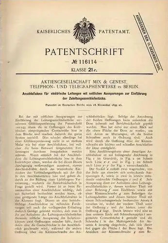 Original Patentschrift - Telephon und Telegrapenwerk in Berlin , 1899 , Dose für elektr. Leitungen , telegraphy !!!