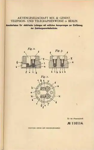 Original Patentschrift - Telephon und Telegrapenwerk in Berlin , 1899 , Dose für elektr. Leitungen , telegraphy !!!