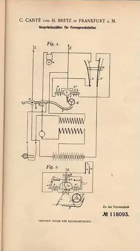 Original Patentschrift - Fernsprecher , Telefon , 1899 ,C. Cante in Franfurt a. Main !!!