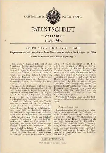 Original Patentschrift - J.A. Imbs in Paris , Spinnmaschine , 1899  !!!