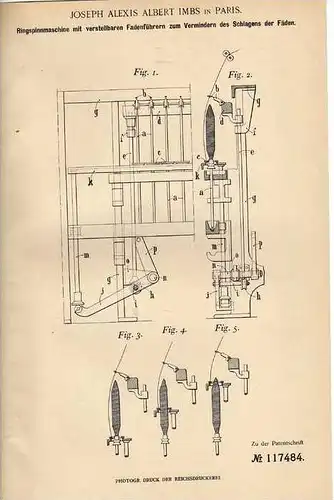 Original Patentschrift - J.A. Imbs in Paris , Spinnmaschine , 1899  !!!