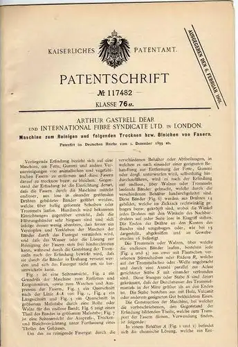 Original Patentschrift - A. Gastrell Dear und Int. Fibre Syndicate Ltd. in London , Maschine für Fasern , 1899 !!!