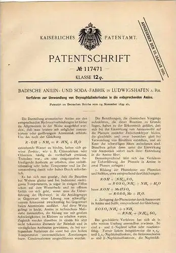 Original Patentschrift -  Badische Soda Fabrik Ludwigshafen a. Rhein ,1899,  Umwandlung in Amine , Chemie , Labor !!!