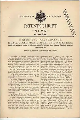 Original Patentschrift - R.Jentzen und C.Höge in Altona a.E ,1899 , Schloß mit Schlüssel , Schlüsseldienst , Hamburg !!!