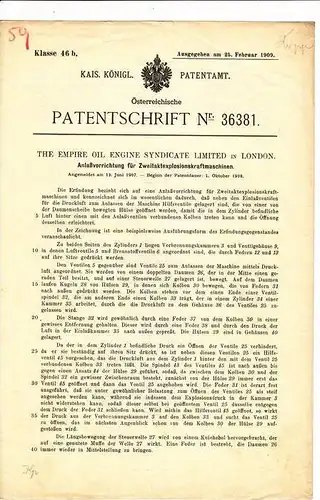 Original Patentschrift - The Empire Oil Engine Syndicate in London , 1908 , Anlasser für Zweitaktmaschinen , 2-stroke !!