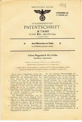 Original Patentschrift - Gothaer Waggonfabrik AG in Gotha ,1939, einstellbare Anleimmutter , Waggon , Eisenbahn !!!