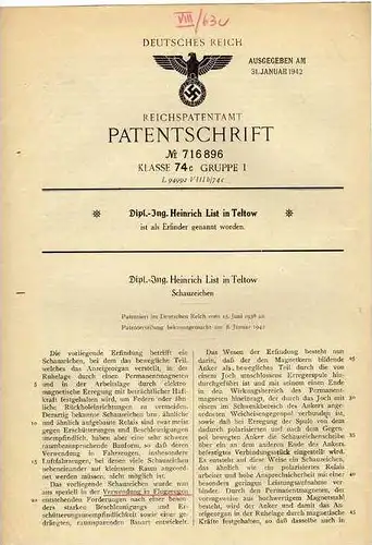 Original Patentschrift - Dipl.-Ing. Heinrich List in Teltow ,1938 , Schauzeichen für Flugzeuge !!!