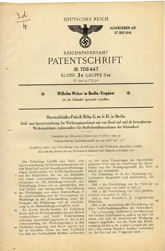 Original Patentschrift - Kleiderfabrik Beha GmbH in Berlin - Treptow, 1939, Stoffschneidemaschine , Schneiderei , Stoffe