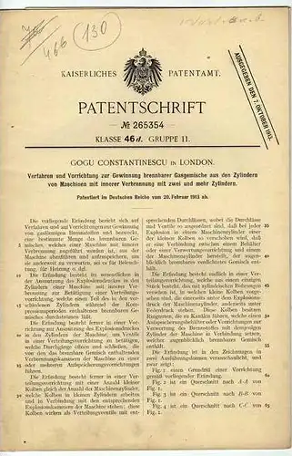 Original Patentschrift - G. Constantinescu in London ,1913 , Gasgewinnung aus Zylindern !!!