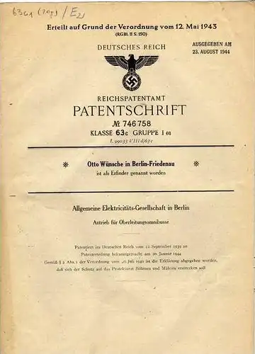 Original Patentschrift - Otto Wünsche , AEG in Berlin ,1939 ,  Oberleitungsbus , Bus , Straßenbahn  !!!