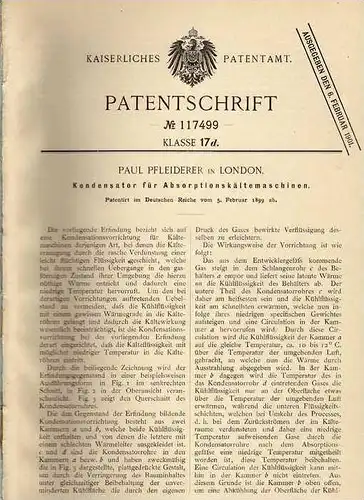 Original Patentschrift - Paul Pfleiderer in London ,1899, Kondensator für Kältemaschine !!!