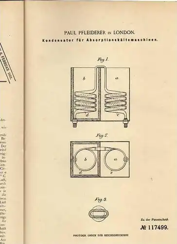 Original Patentschrift - Paul Pfleiderer in London ,1899, Kondensator für Kältemaschine !!!
