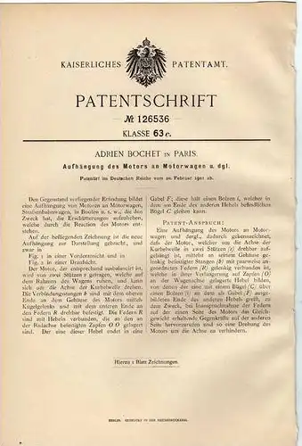 Original Patentschrift - Adrien Borchet dans Paris ,1901, Support moteur pour la voiture, véhicule à moteur , automobile