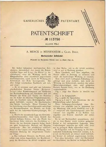 Original Patentschrift - A. Merck in Meisenheim a. Glan , 1899 , Zeitzünder für Geschosse !!!