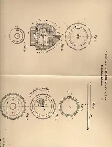 Original Patentschrift - A. Merck in Meisenheim a. Glan , 1899 , Zeitzünder für Geschosse !!!