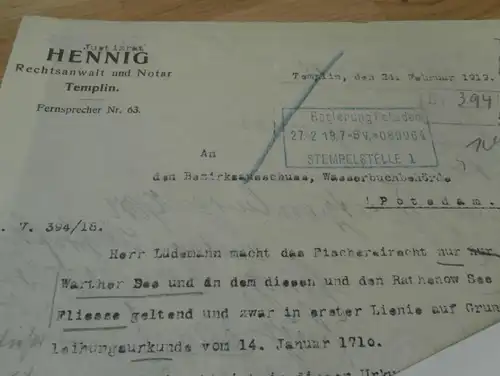 Rechtsanwalt Henning Templin , 1919 , altes Dokument , Rathenow See , Warther See , Regierung , Uckermark !!!