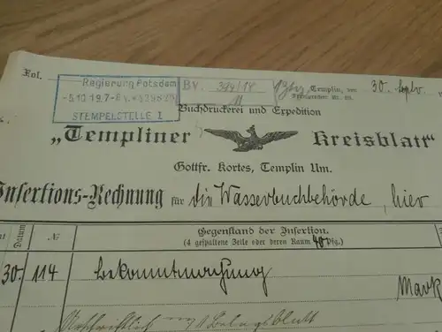 Templiner Kreisblatt , 1919 , altes Dokument , Zeitung , Regierung , Templin , Expedition , Uckermark !!!