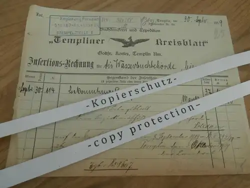 Templiner Kreisblatt , 1919 , altes Dokument , Zeitung , Regierung , Templin , Expedition , Uckermark !!!