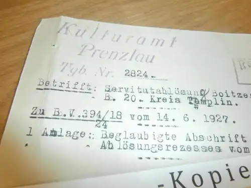 Kulturamt Prenzlau , 1927 , altes Dokument , Regierung Potsdam , Boitzenburg , Lychen , Uckermark !!!
