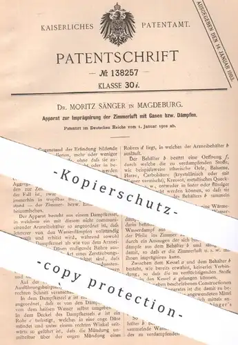 original Patent - Dr. Moritz Sänger , Magdeburg , 1902 , Imprägnierung der Zimmerluft mit Gas bzw. Dampf | Luft