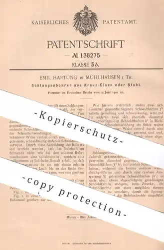 original Patent - Emil Hartung , Mühlhausen , Thüringen , 1901 , Schlangenbohrer aus Kreuz-Eisen oder Stahl | Bohrer !!