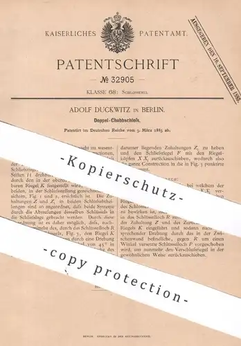 original Patent - Adolf Duckwitz , Berlin , 1885 , Doppel - Chubbschloss | Schloss , Schlösser , Schlosser , Schlosserei