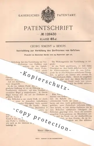 original Patent - Georg Simony , Berlin , 1900 , Verhütung des Zerfrierens von Gefäßen | Frost | frostfeste Gefäße !!!