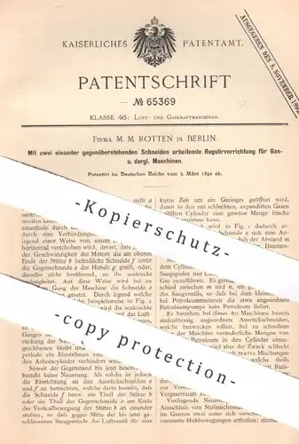 original Patent - M. M. Rotten , Berlin | 1892 | Regulierung für Gasmaschinen | Gasmotor | Gas - Motor | Motoren