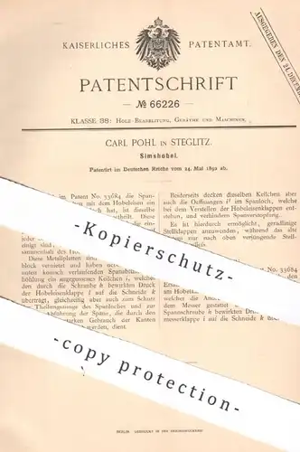 original Patent - Carl Pohl , Berlin / Steglitz , 1892 , Simshobel | Hobel , Hobeln | Tischler , Holz , Zimmermann