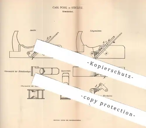 original Patent - Carl Pohl , Berlin / Steglitz , 1892 , Simshobel | Hobel , Hobeln | Tischler , Holz , Zimmermann