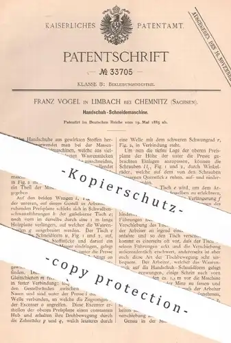 original Patent - Franz Vogel , Limbach / Chemnitz , Sachsen | 1885 | Handschuh - Schneidemaschine | Schneiderei
