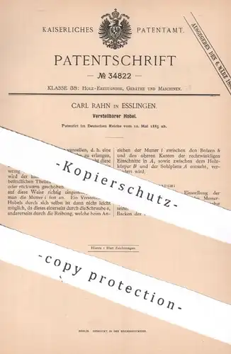 original Patent - Carl Rahn , Esslingen , 1885 , Verstellbarer Hobel | Hobeln | Tischler , Tischlerei , Zimmermann