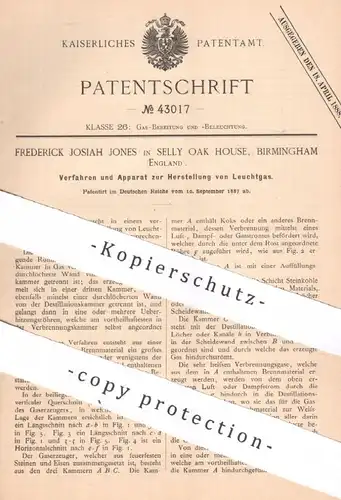 original Patent - Frederick Josiah Jones , Selly Oak House , Birmingham , England , 1887 , Leuchtgas | Gas , Beleuchtung