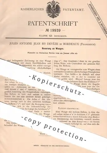 original Patent - Jules Antoine Bte Jean Devèze , Bordeaux , Frankreich , 1882 , Waage | Waagen | Gewicht , Wiegen