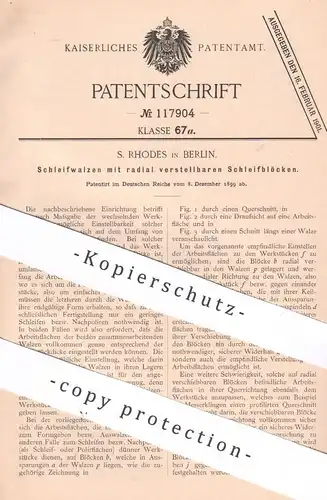 original Patent - S. Rhodes , Berlin , 1899 , Schleifwalzen mit radial verstellbaren Schleifböcken | Schleifen , Walzen