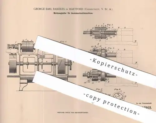 original Patent - George Earl Randles , Hartford , Connecticut , USA , 1899 , Werkzeughalter für Gewindeschneidmaschine