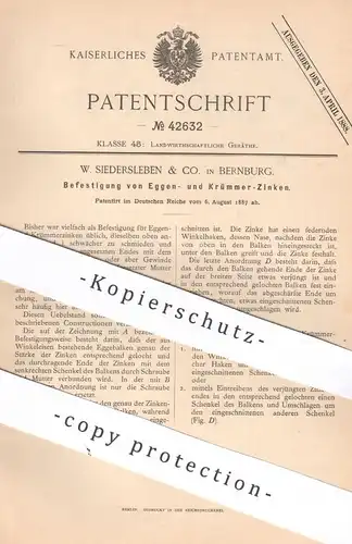 original Patent - W. Siedersleben & Co. , Bernburg , 1887 , Befestigung von Zinken an Egge u. Krümmer | Pflug | Landwirt